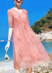Women Pink V Neck Embroideried Wrinkled Silk Mid Dress Short Sleeve