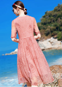 Women Pink V Neck Embroideried Wrinkled Silk Mid Dress Short Sleeve