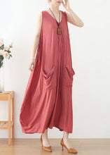 Load image into Gallery viewer, Women Pink V Neck Striped Pockets Linen Vacation Dresses Sleeveless