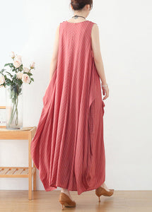 Women Pink V Neck Striped Pockets Linen Vacation Dresses Sleeveless