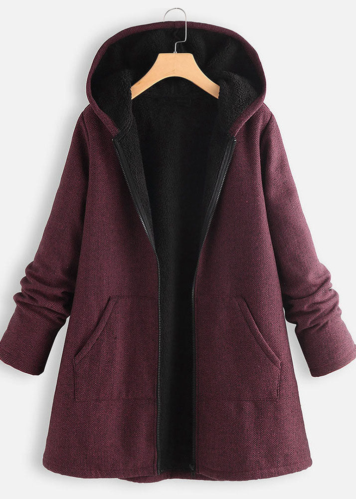 Women Purple Hooded Pockets Zippered Warm Fleece Coats Fall