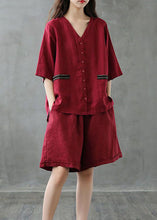 Load image into Gallery viewer, Women Red Button Patchwork Tops And Shorts Linen Two Pieces Set Summer