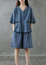 Load image into Gallery viewer, Women Red Button Patchwork Tops And Shorts Linen Two Pieces Set Summer