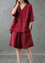 Load image into Gallery viewer, Women Red Button Patchwork Tops And Shorts Linen Two Pieces Set Summer