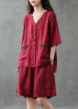 Load image into Gallery viewer, Women Red Button Patchwork Tops And Shorts Linen Two Pieces Set Summer