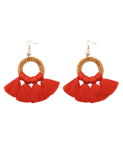 Women Red Hand Woven Tassel Drop Earrings