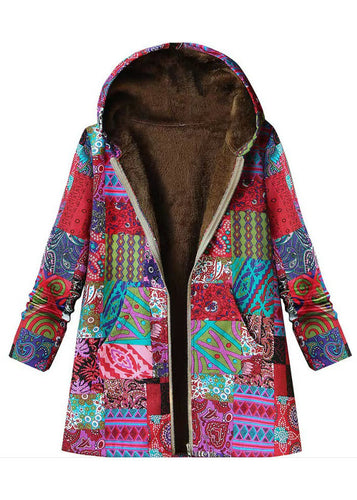 Women Red Hooded Print Zippered Patchwork Warm Fleece Coats Fall