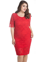 Load image into Gallery viewer, Women Red O Neck Hollow Out Patchwork Lace Mid Dress Summer