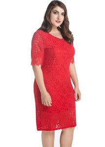 Women Red O Neck Hollow Out Patchwork Lace Mid Dress Summer