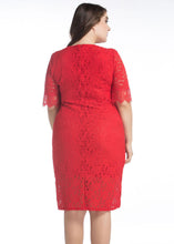 Load image into Gallery viewer, Women Red O Neck Hollow Out Patchwork Lace Mid Dress Summer