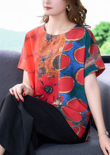 Load image into Gallery viewer, Women Red O-Neck Print Side Open Silk Top Summer