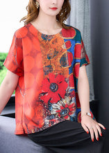 Load image into Gallery viewer, Women Red O-Neck Print Side Open Silk Top Summer