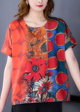 Load image into Gallery viewer, Women Red O-Neck Print Side Open Silk Top Summer