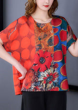 Load image into Gallery viewer, Women Red O-Neck Print Side Open Silk Top Summer