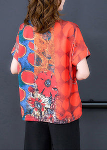 Women Red O-Neck Print Side Open Silk Top Summer