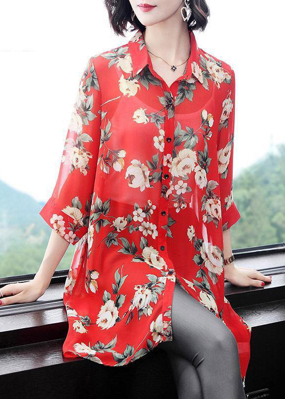 Women Red Peter Pan Collar Button Print Chiffon Shirt Half Sleeve