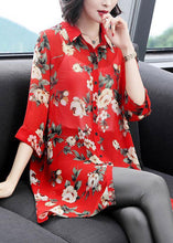 Load image into Gallery viewer, Women Red Peter Pan Collar Button Print Chiffon Shirt Half Sleeve