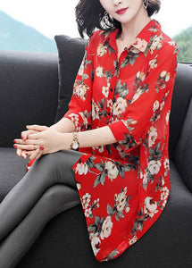 Women Red Peter Pan Collar Button Print Chiffon Shirt Half Sleeve