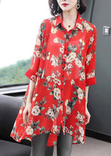 Load image into Gallery viewer, Women Red Peter Pan Collar Button Print Chiffon Shirt Half Sleeve