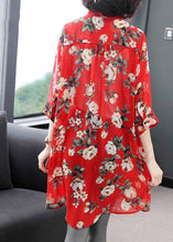 Load image into Gallery viewer, Women Red Peter Pan Collar Button Print Chiffon Shirt Half Sleeve