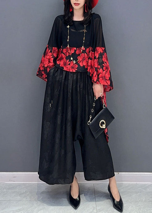 Women Red Print Asymmetrical Patchwork Chiffon Blouses Batwing Sleeve