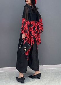 Women Red Print Asymmetrical Patchwork Chiffon Blouses Batwing Sleeve