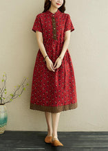 Load image into Gallery viewer, Women Red Print stand collar Robe Summer Cotton Dress