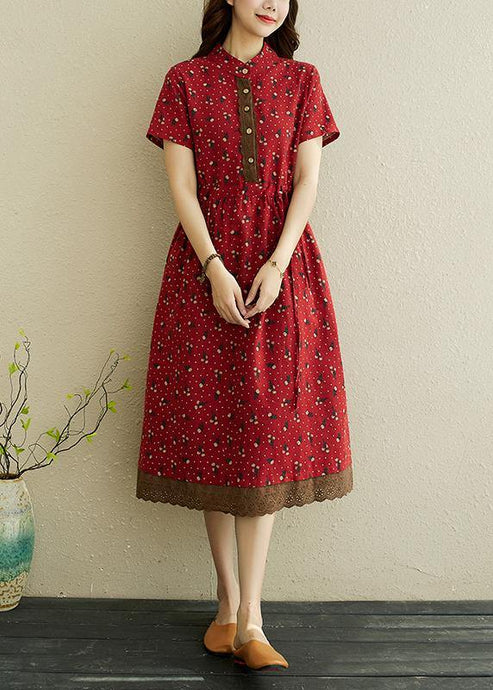 Women Red Print stand collar Robe Summer Cotton Dress