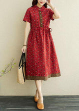 Load image into Gallery viewer, Women Red Print stand collar Robe Summer Cotton Dress