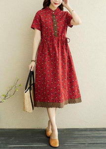 Women Red Print stand collar Robe Summer Cotton Dress