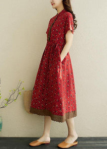 Women Red Print stand collar Robe Summer Cotton Dress