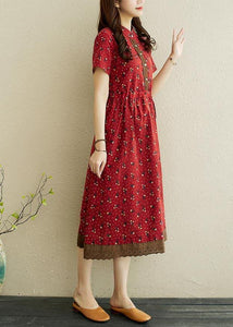 Women Red Print stand collar Robe Summer Cotton Dress