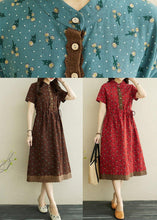 Load image into Gallery viewer, Women Red Print stand collar Robe Summer Cotton Dress