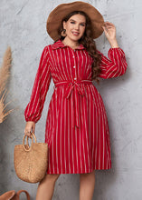 Load image into Gallery viewer, Women Red Striped Tie Waist Patchwork Chiffon Shirts Dress Fall