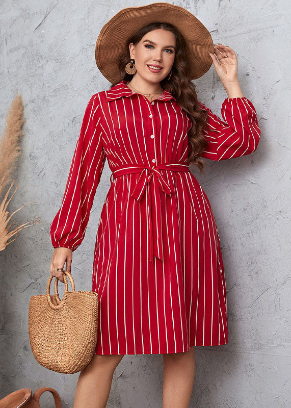 Women Red Striped Tie Waist Patchwork Chiffon Shirts Dress Fall