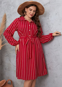 Women Red Striped Tie Waist Patchwork Chiffon Shirts Dress Fall