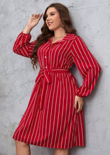 Load image into Gallery viewer, Women Red Striped Tie Waist Patchwork Chiffon Shirts Dress Fall