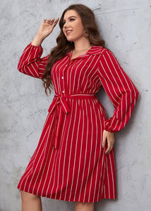 Women Red Striped Tie Waist Patchwork Chiffon Shirts Dress Fall