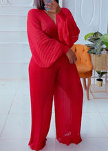 Load image into Gallery viewer, Women Red V Neck Tops And Wide Leg Pants Chiffon Two Pieces Set Batwing Sleeve