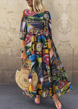 Load image into Gallery viewer, Women Retro Graffiti Print Round Neck Pleated Casual Maxi Dresses