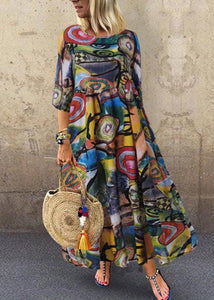 Women Retro Graffiti Print Round Neck Pleated Casual Maxi Dresses