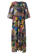 Load image into Gallery viewer, Women Retro Graffiti Print Round Neck Pleated Casual Maxi Dresses