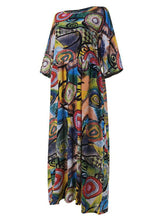 Load image into Gallery viewer, Women Retro Graffiti Print Round Neck Pleated Casual Maxi Dresses