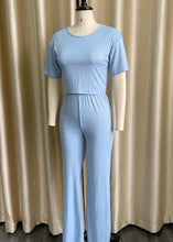 Load image into Gallery viewer, Women Sky Blue O Neck Tops And Pants Knitting Cotton Two Piece Set Summer