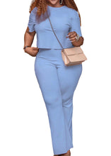 Load image into Gallery viewer, Women Sky Blue O Neck Tops And Pants Knitting Cotton Two Piece Set Summer