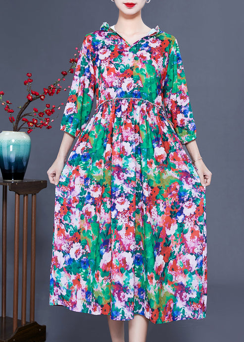 Women Slim Fit Hooded Ruffled Print Silk Long Dresses Summer