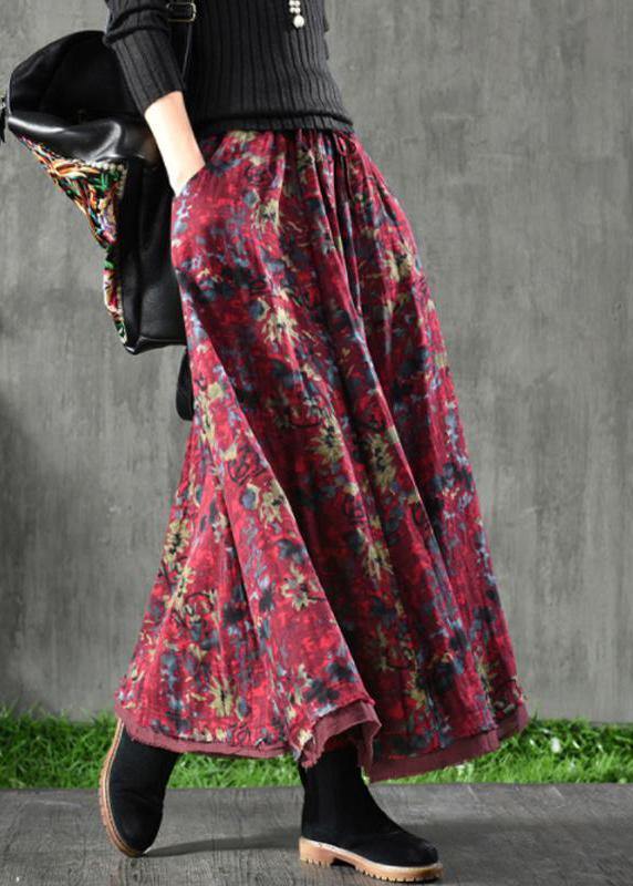 Women Velour Red Floral Skirt Maxi Length