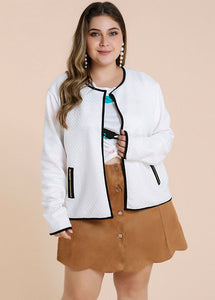 Women White O-Neck Patchwork Pockets Coat Fall