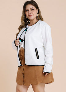 Women White O-Neck Patchwork Pockets Coat Fall