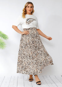 Women White O-Neck Top And Leopard Skirts Cotton Two Piece Set Summer